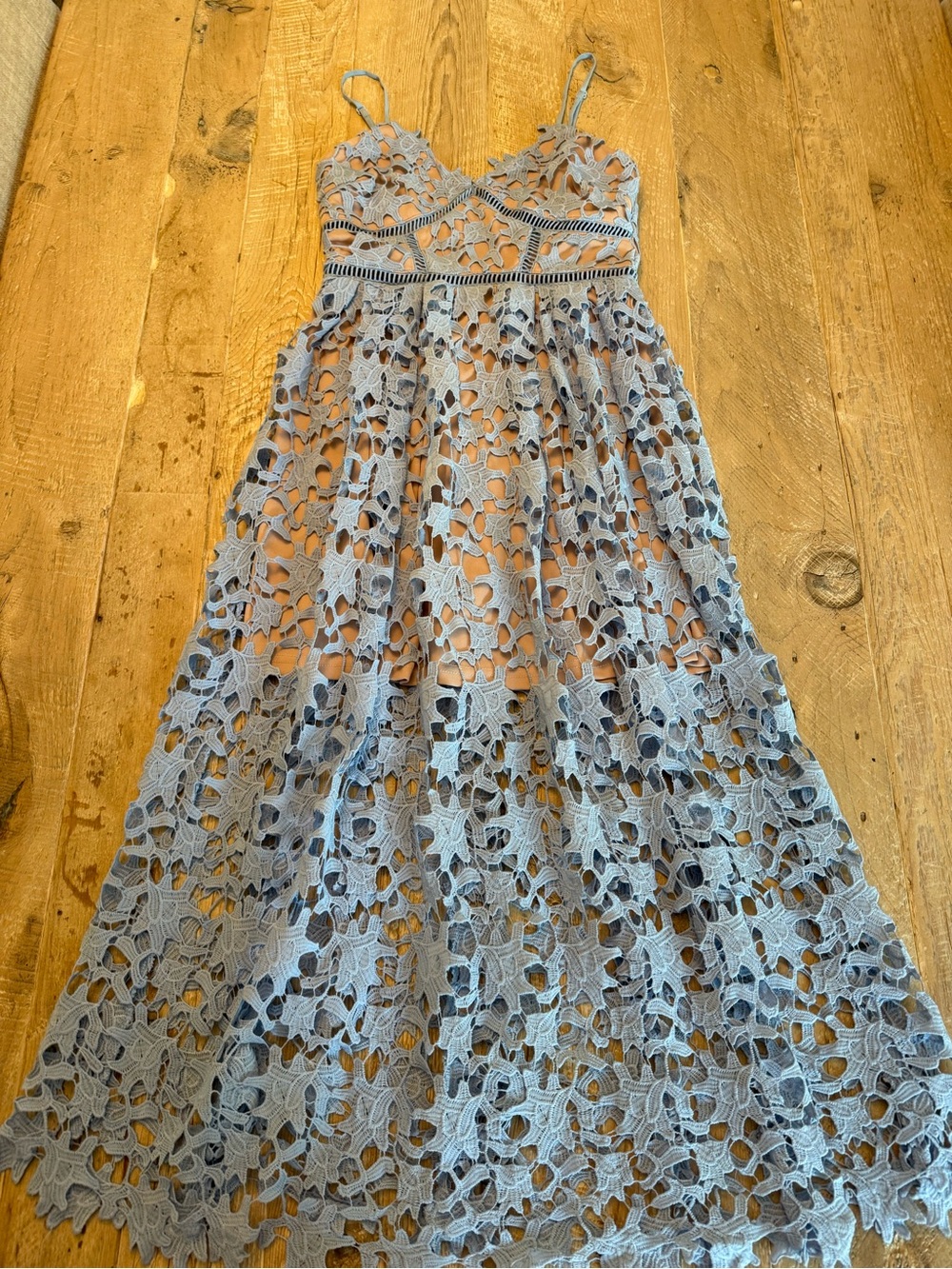 Aqua Brand Blue Lace A-Line Dress with Spaghetti Straps S